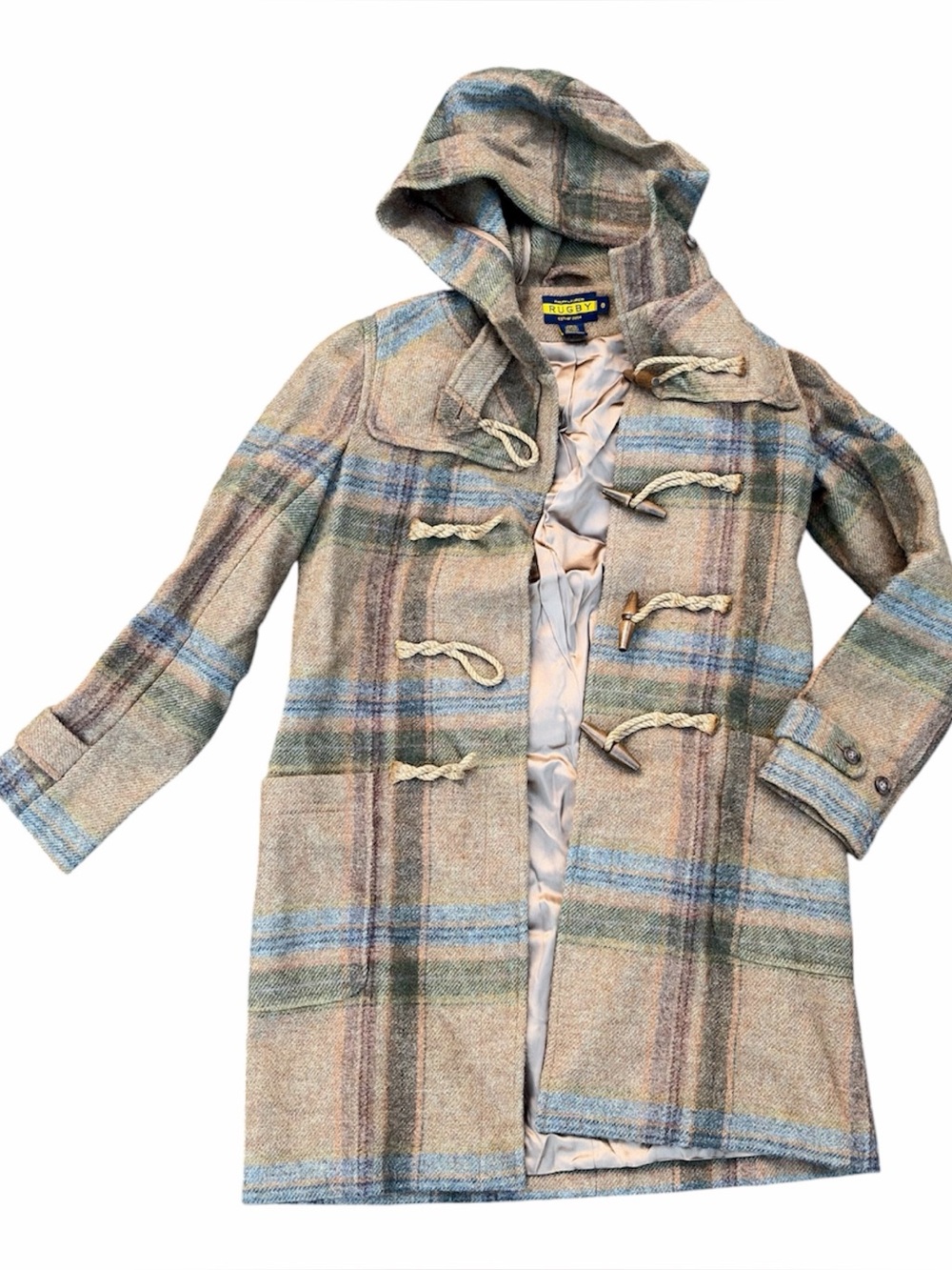 Ralph Lauren Rugby 100% Wool Hooded Toggle Front Plaid Duffle Coat Sz. 0